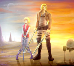 2boys armin_arlert blonde_hair boots cosplay costume_switch crossover he-man masters_of_the_universe multiple_boys pantyhose prince_adam shingeki_no_kyojin short_hair sword thigh_strap three-dimensional_maneuver_gear weapon