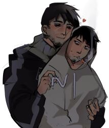 2boys afraid_of_monsters bags_under_eyes black_eyes black_hair black_hoodie blush brown_hair clothes_tug cry_of_fear david_leatherhoff facial_hair goatee_stubble grey_hoodie hand_on_another&#039;s_arm hands_in_pockets heart hood hood_up hoodie hug hug_from_behind implied_yaoi in-franchise_crossover leaning_on_person looking_at_another male_focus multiple_boys print_hoodie raccozan short_hair side-eyed simon_henriksson simple_background smile smoking stubble turtleneck unamused upper_body white_background
