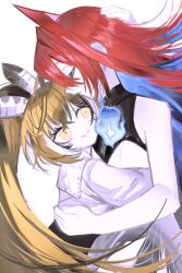 2girls absurdres ahoge blue_fire blue_hair brown_hair closed_eyes colored_inner_hair colored_skin elizabeth_rose_bloodflame feather_hair_ornament feathers fire from_side hair_ornament hand_around_waist hand_on_another&#039;s_head height_difference highres hololive hololive_english hug huge_ahoge long_hair multicolored_hair multiple_girls nanashi_mumei ponytail pungson_mori red_hair shirt sleeveless_turtleneck_leotard smile streaked_hair two-tone_hair virtual_youtuber white_background white_hair white_shirt white_skin yellow_eyes