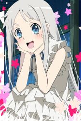 Rule 34 | 1girl, ano hi mita hana no namae wo bokutachi wa mada shiranai., blue eyes, day, dress, female focus, flower, honma meiko, long hair, looking at viewer, open mouth, sitting, solo, white dress, yuruligon