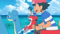 &gt;_&lt; 1boy 2girls animated animated_gif ash_ketchum creatures_(company) diving_helmet diving_suit fishing fishing_rod game_freak gen_1_pokemon gen_3_pokemon gen_7_pokemon helmet hit_in_crotch jumping lana_(pokemon) lapras lillie_(pokemon) lowres milotic multiple_girls nintendo official_alternate_costume poke_ride pokemon pokemon_(anime) pokemon_(creature) pokemon_sm008 pokemon_sm_(anime) popplio riding rowlet saddle