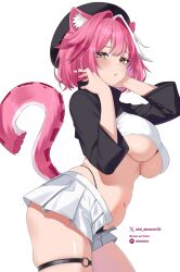 1girl alternate_costume animal_ear_fluff animal_ears beret black_hat black_panties black_shrug breasts commentary cowboy_shot cropped_shirt english_commentary hands_up hat highleg highleg_panties highres hololive hololive_english large_breasts looking_at_viewer miniskirt multicolored_hair navel o-ring o-ring_thigh_strap oioi_ainomo open_fly paid_reward_available panther_ears panther_girl panther_tail panties parted_lips pink_hair pleated_skirt raora_panthera shirt shrug_(clothing) simple_background skirt solo stomach streaked_hair string_panties tail thigh_strap turtleneck underboob underwear virtual_youtuber white_background white_hair white_shirt white_skirt yellow_eyes