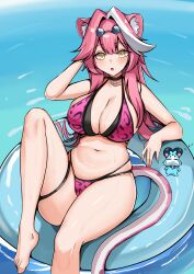 Rule 34 | 1girl, :o, absurdres, animal ear fluff, animal ears, bikini, black choker, blush, breasts, cat ears, cat girl, cat tail, chattino (raora panthera), choker, eyewear on head, fang, hair intakes, highres, hololive, hololive english, innertube, large breasts, layered bikini, leopard print bikini, looking at viewer, open mouth, panpanmc4, pink hair, purple bikini, raora panthera, swim ring, swimsuit, tail, thighs, virtual youtuber, water, yellow eyes