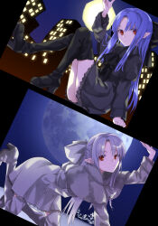 2girls blue_hair boots chiizu_ore dress expressionless full_moon grey_hair highres kagetsu_tooya len_(tsukihime) long_hair looking_at_viewer melty_blood moon multiple_girls night pointy_ears red_eyes sitting sky star_(sky) starry_sky thigh_boots tsukihime white_len_(tsukihime)