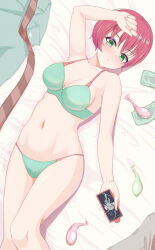 1girl absurdres aftersex amate_yuzuriha arm_up bed_sheet bra breasts commentary_request condom green_bra green_eyes green_panties gundam gundam_gquuuuuux hand_on_own_forehead highres holding holding_phone looking_to_the_side lying medium_breasts navel on_back on_bed panties phone red_hair short_hair solo underwear underwear_only unworn_clothes used_condom zhi_(papercraft8559)