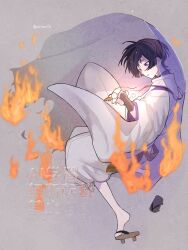 1boy arirurih armor black_eyes black_hair blunt_ends brown_footwear burning burning_clothes clothing_cutout genshin_impact geta grey_background highres japanese_armor japanese_clothes kariginu kimono kote kurokote layered_kimono layered_sleeves long_sleeves looking_at_object male_focus pants parted_lips purple_kimono purple_sleeves purple_veil scaramouche_(genshin_impact) scaramouche_(kabukimono)_(genshin_impact) see-through_clothes see-through_veil shoulder_cutout solo string twitter_username unworn_footwear veil watermark white_mouth white_pants white_sleeves wide_sleeves