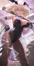 Rule 34 | 1girl, absurdres, barbed wire, bare shoulders, baseball bat, blonde hair, breasts, cleavage, free style (yohan1754), highres, large breasts, leotard, long hair, looking at viewer, original, playboy bunny, red eyes, smile, solo, thighs, twintails
