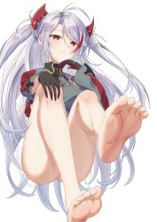 1girl absurdres azur_lane barefoot feet grey_hair hand_on_own_knee highres light_blush long_hair looking_at_viewer parted_lips prinz_eugen_(azur_lane) red_eyes soles taqielang toes twintails