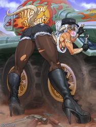 Rule 34 | 1girl, against vehicle, ass, au ra, bare arms, bare shoulders, baseball cap, bent over, bikini, bikini under clothes, black boots, black gloves, black shorts, blowing bubble gum, boots, breasts, brown pantyhose, bubble skirt, chewing gum, commission, crop top, crotch seam, cutoffs, dragon girl, dragon horns, dragon tail, final fantasy, final fantasy xiv, foreshortening, from behind, from below, full body, glasses, gloves, grey eyes, hair between eyes, hat, high heel boots, high heels, high ponytail, highres, holding, horns, kneepits, legs apart, long hair, looking at viewer, looking back, mechanic, military, military vehicle, motor vehicle, pantyhose, pantyhose under shorts, ponytail, scales, shiny skin, short shorts, shorts, sideboob, silver hair, skirt, sleeveless, solo, speh, swimsuit, tail, tan, tank, toned, tools, torn clothes, torn pantyhose, warrior of light (ff14)