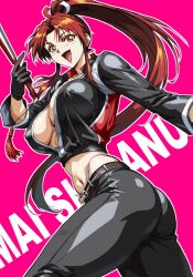 Rule 34 | 1girl, black gloves, black jumpsuit, black pants, breasts, brown eyes, brown hair, cleavage, fatal fury, fatal fury: city of the wolves, folded fan, folding fan, gloves, hand fan, high ponytail, highres, holding, holding fan, jacket, jumpsuit, kisuu, ninja, pants, ponytail, shiranui mai, snk