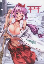 1girl :o absurdres arch areola_slip blush breasts broom cleavage geta hakama highres image_sample japanese_clothes large_breasts long_sleeves miko navel nishieda no_bra open_mouth outdoors panties pink_hair purple_eyes purple_hair red_hakama red_skirt ribbon-trimmed_clothes ribbon-trimmed_sleeves ribbon_trim sandals skirt standing standing_on_one_leg tabi torii underwear undressing wardrobe_malfunction wide_sleeves