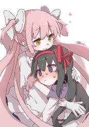 Rule 34 | 2girls, @ @, absurdly long hair, akemi homura, akemi homura (magical girl), artist name, black hair, blush, bow, buivi, capelet, choker, couple, cuddling, dress, ear blush, embarrassed, from side, full-face blush, gloves, hair between eyes, hair bow, hairband, hand in another&#039;s hair, head on chest, headpat, heart, highres, kaname madoka, leaning, leaning on person, long hair, long sleeves, looking to the side, magical girl, mahou shoujo madoka magica, mahou shoujo madoka magica (anime), multiple girls, neck ribbon, pale skin, petting, pink hair, purple capelet, purple eyes, red bow, red hairband, red ribbon, ribbon, ribbon choker, shirt, short sleeves, sidelocks, simple background, smile, sweat, twintails, twitter username, ultimate madoka, very long hair, white background, white bow, white dress, white gloves, white ribbon, white shirt, yellow eyes, yuri