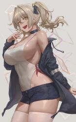 Rule 34 | 1girl, absurdres, bare shoulders, black choker, black jacket, blush, breasts, brown hair, choker, cleavage, covered navel, free style (yohan1754), hair ornament, hand up, highleg, highleg leotard, highres, jacket, large breasts, leotard, leotard under clothes, long sleeves, looking at viewer, medium hair, off shoulder, open clothes, open jacket, open mouth, original, revision, short shorts, shorts, side ponytail, sideboob, smile, solo, thighhighs, thighs, white leotard, white thighhighs, yellow eyes