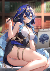 1girl ass bare_shoulders black_skirt blue_hair blue_hood bookshelf breasts bright_pupils commentary_request drill_hair drill_sidelocks genshin_impact gold_choker gradient_hair highres holding holding_pen hood hood_up jewelry layla_(genshin_impact) medium_breasts multicolored_hair neck_ring one_eye_closed panties parted_lips pen pointy_ears shrimp_cake sidelocks sitting skirt solo thighs twin_drills underwear white_panties white_pupils yellow_eyes yokozuwari