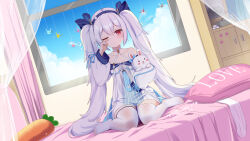 1girl animal_ears artist_name azur_lane bed bed_sheet blue_bow blue_headband blue_ribbon blue_sky bow breasts canopy_bed chinese_commentary cloud collarbone commentary_request dated day dress dutch_angle fake_animal_ears feet hair_between_eyes halterneck headband highres holding holding_stuffed_toy laffey_(azur_lane) laffey_ii_(azur_lane) long_hair long_sleeves looking_at_viewer model_kit model_ship off-shoulder_dress off_shoulder on_bed one_eye_closed pillow rabbit-shaped_pupils rabbit_ears red_eyes ribbon rubbing_eyes shelf short_dress sitting sky sleeves_past_fingers sleeves_past_wrists small_breasts solo straight-on stuffed_animal stuffed_carrot stuffed_rabbit stuffed_toy symbol-shaped_pupils thighhighs translucent twintails very_long_hair wariza white_dress white_hair white_thighhighs window xiao_shi_lullaby
