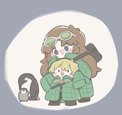 1boy 1girl :&gt; bag bird blonde_hair blue_eyes blush brown_hair chibi devyat_association_(identity)_(project_moon) down_jacket goggles goggles_around_neck goggles_on_head green_jacket height_difference highres jacket kojocho05 limbus_company long_hair penguin project_moon rodion_(project_moon) shoulder_bag sinclair_(project_moon) very_long_hair