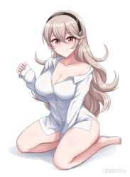 1girl bare_legs bare_shoulders barefoot black_hairband blush breasts canadiananiguy cleavage closed_mouth collarbone female_corrin_(fire_emblem) fire_emblem fire_emblem_fates grey_hair hair_between_eyes hair_ornament hairband highres kneeling large_breasts long_hair looking_at_viewer naked_shirt nintendo no_bra no_panties no_pants off_shoulder pointy_ears red_eyes shirt simple_background smile solo white_hair white_shirt