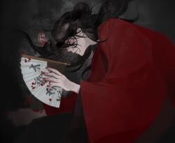 Rule 34 | 1boy, black hair, blood, blood on face, blood on hands, chinese clothes, chinese commentary, chinese text, closed mouth, dao gui yi xian, floating hair, folding fan, from side, hair bun, half updo, hand fan, hand fan writing, hanfu, holding, holding fan, implied yaoi, li huowang, limited palette, long hair, long sleeves, lying, male focus, messy hair, on side, paper fan, profile, red eyes, red nails, red robe, robe, seal impression, single hair bun, solo, upper body, wide sleeves, yizhidazhangyu069