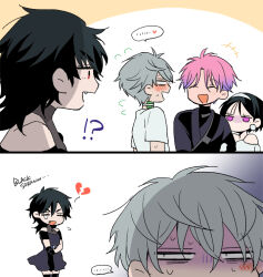 Rule 34 | +++, ..., alien stage, black dress, black hair, blank eyes, blush, broken heart, commentary, crossdressing, dress, english text, flying sweatdrops, genderswap, genderswap (ftm), genderswap (mtf), gradient hair, grey hair, hairband, heart, ivan (alien stage), medium hair, mizi (alien stage), multicolored hair, pink hair, purple eyes, purple hair, sazare (sazozo0), shirt, song name, spoken ellipsis, sua (alien stage), till (alien stage), two-tone hair, white hairband, white shirt