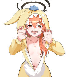 1girl absurdres alternate_costume animal_costume animal_ear_hood animal_ears animal_hood blue_archive blush breasts claw_pose cosplay fake_animal_ears halo highres hood hooded_pajamas koyuki_(blue_archive) koyuki_(pajamas)_(blue_archive) koyuki_(pajamas)_(blue_archive)_(cosplay) mole mole_under_each_eye mole_under_eye multiple_moles navel neru_(blue_archive) onesie open_mouth orange_hair pajamas red_eyes red_nails short_hair sidetail sleepnya small_breasts solo standing unbuttoned white_background yellow_pajamas