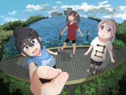 3girls :d amamiya_satsuki_(mono) black_hair black_shorts blue_eyes blue_shirt blue_sky bow brown_hair building camera cloud dated fang fingernails fisheye full_body grass grey_hair hair_between_eyes hair_bun highres holding holding_camera kiriyama_an looking_at_viewer maumau_(totemicmaul) mono_(afro) multiple_girls open_mouth outdoors print_shirt purple_eyes red_eyes red_shirt reeds selfie shikishima_sakurako shirt shoes shorts sky smile sneakers standing t-shirt tareme thick_eyebrows triangle_mouth twintails v-neck water white_bow white_shirt