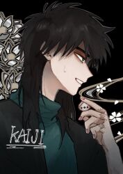 1boy black_background black_hair black_jacket commentary dice flower gloom_(expression) green_sweater grin holding holding_dice itou_kaiji jacket kaiji long_hair looking_afar male_focus mike_(akg_fkmt) nervous_smile open_clothes open_jacket sanpaku scar scar_on_hand smile smoke solo sweater symbol-only_commentary turtleneck turtleneck_sweater upper_body white_flower
