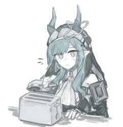 Rule 34 | 1girl, arknights, arknights: endfield, ascot, black dress, black gloves, black veil, collared dress, demon horns, detached sleeves, dress, frilled sleeves, frills, gloves, grape (grayp), grey eyes, grey hair, grey horns, half gloves, hand up, horns, limited palette, long sidelocks, parted bangs, parted lips, pointy ears, sidelocks, simple background, single bare shoulder, single half glove, sketch, solo, toaster, veil, white background, wide sleeves, xaihi (arknights)