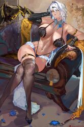 1girl absurdres armlet asymmetrical_gloves bare_shoulders black_bra black_gloves black_panties black_thighhighs bra breasts cleavage closed_mouth elbow_gloves fingerless_gloves foot_out_of_frame gloves hair_between_eyes hair_ornament highleg highleg_panties highres jewelry large_breasts long_hair looking_at_viewer loooyd mismatched_gloves mole mole_on_breast nail_polish navel panties purple_nails sitting solo stomach thigh_strap thighhighs thighs underwear white_hair yellow_eyes yixuan_(zenless_zone_zero) zenless_zone_zero
