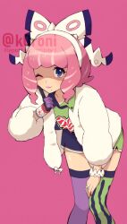 Rule 34 | 1girl, artist name, asymmetrical legwear, bow, bracelet, breasts, collared shirt, drill hair, dynamax band, eyeshadow, flipped hair, fur jacket, hair bow, hairband, hand on own knee, hand up, jacket, jewelry, klara (pokemon), knees together feet apart, koroni (nkrgs), leaning forward, makeup, medium breasts, mole, mole under mouth, nintendo, pink background, pink eyeshadow, pink hair, pink lips, pokemon, pokemon swsh, print shirt, print shorts, purple eyes, ring, shaded face, shirt, short hair, shorts, side slit, side slit shorts, solo, twin drills, two-tone shirt, two-tone shorts, two-tone thighhighs, white bow, white hairband