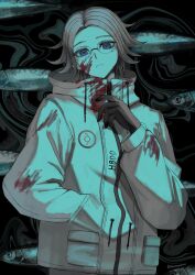 1boy absurdres aotsuki_eito black_gloves blood blood_on_clothes blood_on_face blue_eyes frown glasses gloves grey_hair hand_in_pocket hareruya_(smomo2227) highres jacket looking_at_viewer male_focus short_hair solo the_hundred_line_-last_defense_academy- upper_body white_jacket