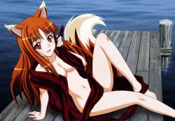 1girl :d alternate_breast_size animal_ears arm_support barefoot blush breasts brown_hair censored cleavage convenient_censoring dock female_focus highres holo knee_up leaning_back long_hair looking_at_viewer navel nude open_mouth orange_hair outdoors red_eyes shinohara_kenji smile solo spice_and_wolf tail water wolf_ears wolf_tail