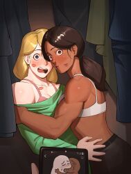 Rule 34 | 2girls, absurdres, after kiss, blue eyes, blush, boonie (bonnydada8), breasts, brown eyes, brown hair, closed mouth, closet, coat, dark-skinned female, dark skin, highres, interracial, lipstick, lipstick mark, lipstick mark on chest, lipstick mark on face, makeup, medium hair, multiple girls, original, parted lips, phone, saliva, saliva trail, teeth, tongue, upper teeth only, yuri