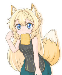 1girl aizawa_azusa animal_ear_fluff animal_ears black_dress blonde_hair blue_eyes blue_skirt blush braid bread bread_slice breasts dress food food_in_mouth fox_ears fox_girl fox_tail full-face_blush hair_between_eyes looking_at_viewer mouth_hold simple_background skirt sleeveless sleeveless_dress slime_taoshite_300_nen_shiranai_uchi_ni_level_max_ni_nattemashita small_breasts solo tail toast toast_in_mouth white_background yoshimi50