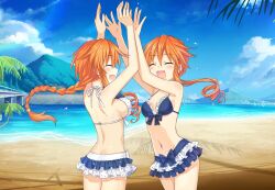 2girls beach bikini blue_sky blush braid breasts bridge cleavage closed_eyes cloud date_a_live date_a_live:_spirit_pledge day drill_hair frilled_bikini frills game_cg hair_between_eyes high_five long_hair medium_breasts mountain multiple_girls navel ocean official_art open_mouth orange_hair outdoors palm_tree siblings sidelocks sisters sky smile swimsuit third-party_source tree twins yamai_kaguya yamai_yuzuru