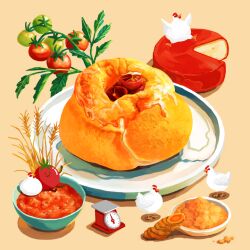 bird bowl bread chicken clock food food_focus issiki_toaki multiple_others no_humans omelet original plate simple_background tomato yellow_background