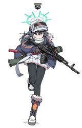 1girl ak-12 akm armband assault_rifle binoculars black_hair black_pantyhose blue_archive blue_armband blue_boots boots check_weapon closed_mouth coat cocktiel77 commentary commentary_request crossed_bangs drum_magazine english_commentary english_text eotech full_body fur-trimmed_boots fur_trim grey_eyes grey_halo gun hair_between_eyes halo hard_hat hat helmet highres holding holding_gun holding_weapon jacket kalashnikov_rifle korean_commentary long_hair long_sleeves machine_gun magazine_(weapon) minori_(blue_archive) mixed-language_commentary muzzle_device open_clothes open_coat optical_sight pantyhose pleated_skirt rifle rpg-30 running scarf scope shirt sight_magnifier simple_background skirt sniper_rifle solo standing standing_on_one_leg trigger_discipline vss_vintorez weapon weapon_on_back weapon_request white_background white_hat white_helmet white_scarf white_shirt white_skirt