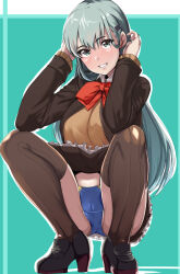 1girl alternate_underwear aqua_eyes aqua_hair black_shoes blue_panties blush border bow bowtie breasts brown_cardigan brown_jacket brown_skirt brown_thighhighs cardigan frilled_skirt frills green_background hair_ornament hairclip highres jacket kantai_collection large_breasts long_hair looking_at_viewer orange_bow orange_bowtie panties pleated_skirt school_uniform shirt shoes skirt solo squatting suzuya_(kancolle) suzuya_kai_ni_(kancolle) thighhighs tirasi_(so) underwear white_border white_shirt