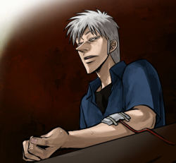1boy akagi akagi:_yami_ni_oritatta_tensai akagi_shigeru blood blue_shirt collared_shirt fingernails fukumoto_mahjong gradient_background looking_at_viewer male_focus open_mouth shirt short_sleeves silver_hair solo sweat upper_body wing_collar