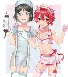2boys @_@ alexander_(fate) aqua_dress black_hair blush border bow braid braided_ponytail collarbone cowboy_shot crop_top crossdressing dress eyelashes fate/grand_order fate_(series) garter_straps gloves gradient_background green_hair hair_between_eyes hand_on_another&#039;s_shoulder hands_up hat holding holding_syringe kawasemi_(pocorit) looking_at_viewer male_focus medium_hair microskirt multiple_boys navel nurse nurse_cap open_mouth outline parted_bangs pink_gloves pink_thighhighs red_bow red_eyes red_hair red_ribbon ribbon see-through_clothes see-through_dress shirt short_dress short_hair short_sleeves skirt sleeveless sleeveless_shirt stomach syringe thighhighs trap twitter_username waver_velvet white_border white_gloves white_outline