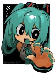 :d aqua_hair aqua_nails aqua_necktie aqua_tongue aqua_trim blush collared_shirt commentary_request deformed detached_sleeves double-parted_bangs grey_shirt hair_ornament hatsune_miku kyomu_305 looking_at_viewer necktie open_mouth outside_border reaching reaching_towards_viewer shirt smile twintails vocaloid