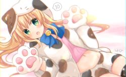 1girl absurdres animal_costume animal_ear_hood animal_ears animal_hands bell blonde_hair blue_bow blue_bowtie blush bow bowtie cat_costume cat_ears commentary_request cosplay cowboy_shot dutch_angle episode_number fake_animal_ears gloves green_eyes hair_between_eyes hair_spread_out hands_up highres hood hood_up jingle_bell kigurumi light_particles long_hair looking_at_viewer lying midriff navel neck_bell official_alternate_costume on_back open_mouth paw_gloves pink_shirt shirt shorts sidelocks signature simple_background smile solo speech_bubble summer_pockets tareme tsumugi_wenders twintails ura_(ura-tennislove) w_arms white_background white_shorts