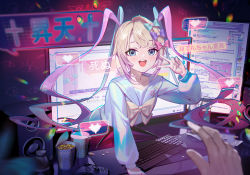 blunt_bangs bow chouzetsusaikawa_tenshi-chan chromatic_aberration collarbone controller dress drugs hair_bow heart highres holographic_clothing icon_(computing) internet iridescent computer_keyboard large_bow mio-muo1206 monitor computer_mouse multicolored_nails multiple_hair_bows nail_polish needy_girl_overdose outstretched_arm pill pin pleated_dress quad_tails sidelocks silver_hair speaker translation_request v water window_(computing) desktop_(computing)