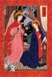 1boy 1girl angel archangel_gabriel book brown_hair cape christianity flower halo highres long_hair long_sleeves red_cape smile style_request the_bible third-party_source translation_request tree virgin_mary white_flower yamamoto_takato
