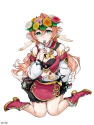 1girl absurdres bare_shoulders blush boots cake commentary_request detached_sleeves flower food fork genshin_impact green_eyes head_wreath highres holding holding_fork holding_plate jibakurei long_hair long_sleeves looking_at_viewer miniskirt pink_flower pink_hair plate red_boots simple_background sitting skirt solo strawberry_shortcake very_long_hair wariza white_background white_flower yanfei_(genshin_impact) yellow_flower