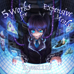 1girl album_cover blue_hair blue_necktie bread cake collared_shirt commentary_request cover dessert drooling english_text female_focus food frilled_shirt frills fruit highres necktie original pizza pizza_slice ray-k shirt side_ponytail solo strawberry wavy_mouth