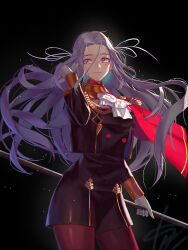 1girl absurdres black_background capelet closed_mouth commentary edelgard_von_hresvelg fire_emblem fire_emblem:_three_houses garreg_mach_monastery_uniform genki_(obsession) gloves grey_hair hair_floating_upwards hair_ribbon hand_up head_tilt highres holding holding_polearm holding_weapon light_particles long_hair long_sleeves looking_at_viewer nintendo pantyhose parted_bangs polearm purple_eyes purple_ribbon red_capelet red_pantyhose ribbon shade simple_background solo standing upper_body wavy_hair weapon white_gloves wind
