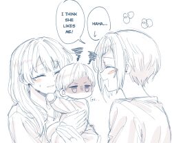 3girls ^_^ baby baby_carry blush blush_stickers carrying closed_eyes closed_mouth collarbone commentary diagonal_bangs english_commentary english_text family flower_symbol glaring greyscale highres hug if_they_mated ips_cells jitome link!_like!_love_live! long_hair long_sleeves looking_at_another love_live! monochrome multiple_girls murano_sayaka no_mouth onesie open_mouth shaded_face shirt short_hair sidelocks simple_background speech_bubble spot_color squiggle sweatdrop upper_body virtual_youtuber white_background yugiri_tsuzuri yuri zenma_trang