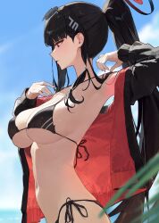 1girl absurdres alternate_costume alternate_hairstyle armpits bikini black_bikini black_hair black_halo black_jacket blue_archive blue_sky blurry breasts commentary_request day depth_of_field eyewear_on_head from_side halo highres jacket ki-16 large_breasts long_hair multicolored_jacket navel red_eyes red_jacket rio_(blue_archive) sky solo sunglasses swimsuit two-sided_fabric two-sided_jacket two-tone_jacket very_long_hair