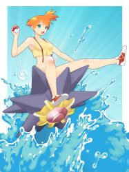 1girl armpits asymmetrical_hair breasts denim denim_shorts gen_1_pokemon green_eyes holding holding_poke_ball misty_(pokemon) nintendo orcaleon poke_ball pokemon pokemon_(anime) pokemon_(classic_anime) ponytail shirt shoes short_hair short_shorts shorts side_ponytail sneakers solo starmie suspender_shorts suspenders tank_top water yellow_shirt