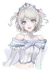 1girl absurdres arms_at_sides bare_shoulders blue_eyes bow breasts brown_hair clothing_cutout crop_top crown dress frills grey_hair hair_ornament heart highres koi_ni_naritai_aquarium looking_at_viewer love_live! love_live!_sunshine!! midriff navel open_mouth seki8273 short_hair simple_background smile solo stomach tiara upper_body watanabe_you wavy_hair white_background